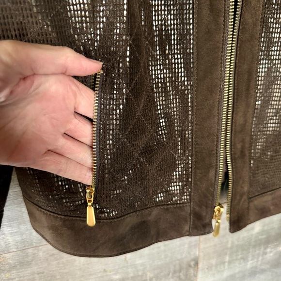 W by Worth Genuine Suede Cropped Embossed Metallic Jacket 3/4 Sleeve Zip Up XS - Picture 4 of 10
